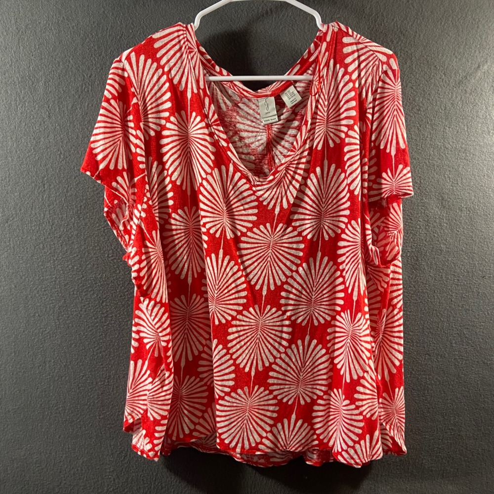Joie linen Top 3x Palm Leaf Print Red White V-Neck Short Sleeve tropical coastal